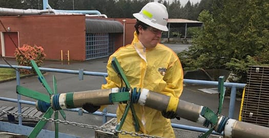 An assessment of the current condition of a sewage forcemain along the foreshore was completed in the summer of 2017. Here, equipment is prepared for that work, completed by Pure Technologies 