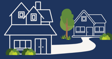 drawing of a two story home with a path leading to a secondary home on the same property