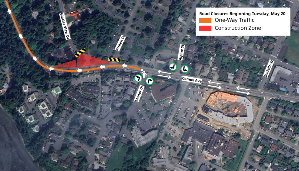 glacier view dr and aitken st closed at comox ave starting may 20