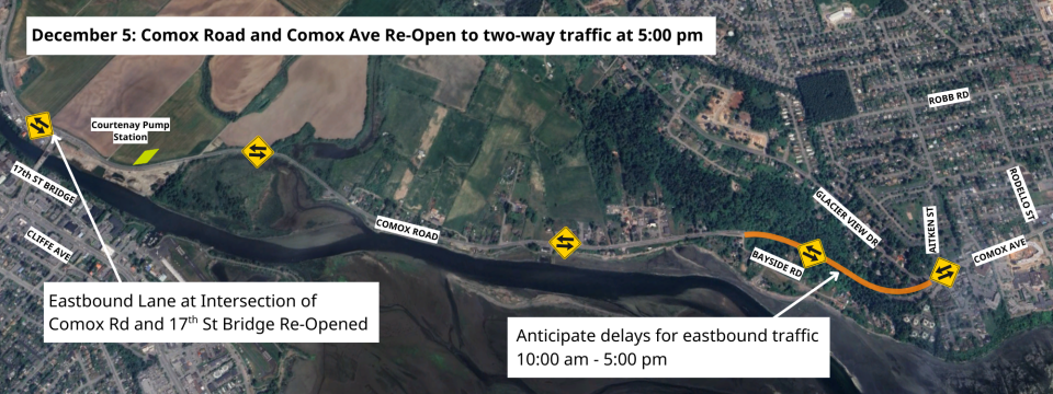 Map of Comox Ave and Comox Road, re-opening to two-way traffic Friday dec 5 5pm