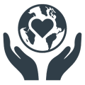 Grey icon of hands holding the earth with an heart on the earth