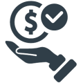 Grey icon of hand holding a coin and a tick mark